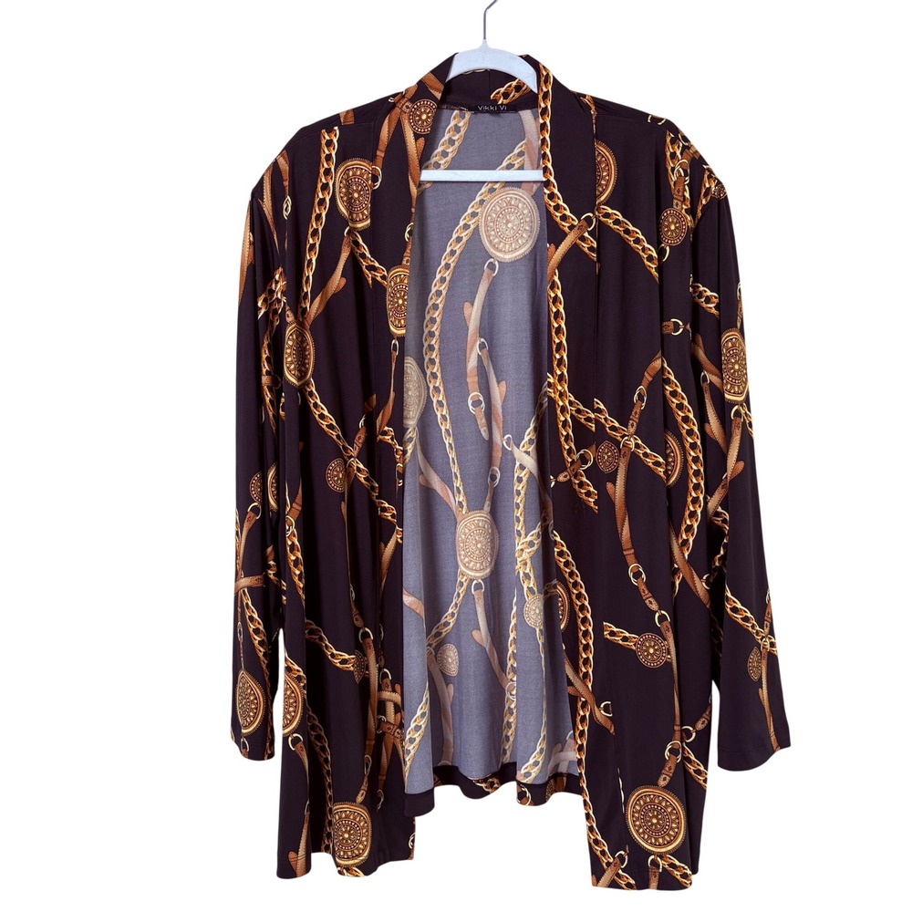 Vikki Vi Cardigan Womens 3X Brown Gold Chain Medallion Print Open Front USA